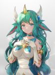  1girl animal_ears bare_shoulders breasts chibi_vanille choker closed_mouth eyebrows_visible_through_hair gloves gradient gradient_background green_choker green_eyes green_hair grey_background highres horn league_of_legends long_hair looking_at_viewer medium_breasts smile solo soraka star_guardian_(league_of_legends) star_guardian_soraka white_gloves 