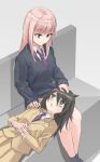  2girls bags_under_eyes black_hair black_sweater blazer blush chestnut_mouth collared_shirt green_eyes hand_on_another&#039;s_head hand_on_another&#039;s_shoulder hands_on_own_stomach highres jacket katou_asuka kuroki_tomoko lap_pillow long_hair lying messy_hair multiple_girls necktie okiru on_back open_mouth own_hands_clasped own_hands_together pink_hair pleated_skirt purple_necktie school_uniform shirt sitting skirt smile sweater watashi_ga_motenai_no_wa_dou_kangaetemo_omaera_ga_warui! white_shirt yellow_jacket yellow_skirt 