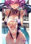  1girl breasts cleavage highres large_breasts looking_at_viewer navel one-piece_swimsuit original purple_eyes purple_hair signo_aaa solo swimsuit thighhighs twintails 