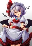  .sin 1girl animal bat bat_wings blue_hair brooch cowboy_shot dress frills gradient hat hat_ribbon highres jewelry looking_at_viewer medium_hair mob_cap open_mouth petticoat pointy_ears puffy_short_sleeves puffy_sleeves purple_hair red_eyes red_neckwear red_ribbon remilia_scarlet ribbon sash short_sleeves skirt_hold smile solo touhou white_background white_dress white_headwear wings wrist_cuffs 