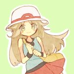  1girl bag black_wristband blue_shirt blush_stickers brown_eyes brown_hair commentary green_background hands_up happy hat leaf_(pokemon) long_hair looking_at_viewer mgomurainu outline parted_bangs pokemon pokemon_frlg red_skirt shirt shoulder_bag sidelocks simple_background skirt sleeveless sleeveless_shirt smile solo sun_hat upper_body white_headwear white_outline yellow_bag 