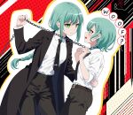  2girls absurdres animal_collar aqua_hair arm_around_waist bang_dream! belt black_coat black_necktie black_pants blush braid braided_ponytail chain chain_leash chain_pull chainsaw_man coat collar collared_shirt commentary constellation_print cosplay denji_(chainsaw_man) denji_(chainsaw_man)_(cosplay) dress_shirt english_commentary fries_vanquisher green_eyes highres hikawa_hina hikawa_sayo leash long_hair looking_at_another makima_(chainsaw_man) makima_(chainsaw_man)_(cosplay) multiple_girls necktie pants ringed_eyes shirt short_hair siblings single_braid sisters tie_clip twins white_shirt 