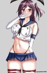  1girl absurdres black_neckerchief black_panties blue_sailor_collar blush breasts brown_eyes cosplay cowboy_shot elbow_gloves gloves hagikaze_(kancolle) highleg highleg_panties highres kantai_collection microskirt mizuki_(uzuki_no_sato) neckerchief one_side_up panties purple_hair sailor_collar shimakaze_(kancolle) shimakaze_(kancolle)_(cosplay) skirt striped_clothes striped_thighhighs thighhighs thighs underwear white_gloves 