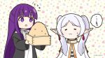  2girls :3 artist_name commentary_request earrings elf fern_(sousou_no_frieren) frieren holding jewelry long_hair long_sleeves mitya multiple_girls open_mouth pointy_ears purple_eyes purple_hair sousou_no_frieren speech_bubble translation_request twintails twitter_username upper_body white_hair 