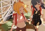  2girls :d aged_down backpack bag blonde_hair blue_hair bocchi_the_rock! bow collared_shirt hair_bow hair_ornament highres holding_hands ijichi_nijika kamukamu810 long_hair low-tied_sidelocks mary_janes multiple_girls photo-referenced photo_background polka_dot polka_dot_bow randoseru red_bow school_uniform shirt shoes short_hair short_sleeves side_ponytail sidelocks skirt smile yamada_ryo yellow_eyes 