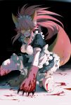  1girl absurdres animal_ear_fluff animal_ears animal_hands apron bell black_dress blood blood_in_hair blood_on_clothes blood_on_face blood_on_hands blood_splatter breasts cat_paws dress fate/grand_order fate_(series) fox_ears fox_girl fox_tail gloves highres jingle_bell large_breasts long_hair maid maid_apron maid_headdress minoe08 neck_bell paw_gloves paw_shoes pink_hair ponytail puffy_short_sleeves puffy_sleeves short_dress short_sleeves solo tail tamamo_(fate) tamamo_cat_(fate) tamamo_cat_(second_ascension)_(fate) thighhighs white_thighhighs yellow_eyes 