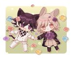  1boy 1girl :&lt; animal_ears black_jacket blush brown_hair brown_skirt cat_ears cat_tail checkered_clothes checkered_scarf chibi danganronpa_(series) danganronpa_2:_goodbye_despair danganronpa_v3:_killing_harmony flower frown grey_jacket grey_pants hair_between_eyes holding holding_flower holding_hands jacket medium_hair miniskirt nanami_chiaki oma_kokichi open_clothes open_jacket pants pink_eyes pleated_skirt purple_eyes rabbit_ears scarf skirt tail unyull_(qkralsrudchlrh) 