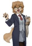 2016 3_fingers absurd_res anthro beverage biped blonde_hair blue_clothing blue_topwear bottomwear bubble_tea button_(fastener) canid canine canis cheek_tuft chinese_text clothing countershading dated domestic_dog dress_shirt eyewear facial_tuft fangs female fingers fur gesture glasses hair hi_res holding_beverage holding_object jewelry legwear long_coat looking_at_viewer mammal multicolored_eyes necktie open_mouth pantyhose pawpads ring shirt short_hair simple_background skirt solo tan_body tan_fur teeth text tongue topwear tuft vest waving waving_at_viewer white_background xiao_lijun yellow_eyes