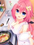  1girl absurdres apron black_ribbon blue_eyes blush bow breasts cat_hair_ornament chopsticks cleavage collarbone commentary_request cooking cowboy_shot crossed_bangs frilled_apron frills frying_pan hair_between_eyes hair_bow hair_ornament hair_ribbon hamidashi_creative highres holding holding_chopsticks holding_plate indoors kitchen large_breasts long_hair looking_at_viewer low_twintails naked_apron nanatsu_(na_na_tsu) open_mouth pink_hair plate ribbon smile solo tokiwa_kano twintails white_apron yellow_bow 