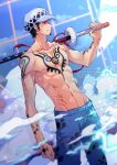  1boy arm_tattoo artist_name chest_tattoo cowboy_shot dakiarts earrings english_commentary facial_hair goatee hand_tattoo highres holding holding_sword holding_weapon jewelry male_focus one_piece profile short_hair sideburns smoke solo sword tattoo topless_male trafalgar_law weapon 