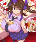  1girl :t belt black_bow black_bowtie black_skirt blurry blurry_background bow bowtie breasts brown_belt brown_hair cake checkered_clothes checkered_skirt collared_shirt commentary_request eating fingernails food food_on_body food_on_breasts food_on_face frilled_shirt_collar frills from_above hair_bow hat heart himekaidou_hatate himeshita_johnny_mafuyu holding holding_cake holding_food holding_tray huge_breasts light_blush long_hair looking_at_viewer pocket pointy_ears purple_bow purple_eyes purple_headwear purple_shirt purple_skirt shirt skirt sleeveless sleeveless_shirt solo spoken_heart standing strawberry_shortcake thick_eyebrows tokin_hat touhou tray twintails 