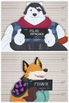 anthro armor bear canid canine clothing donttouchmylasagna duo epic_games fennix_(fortnite) fortnite fox fur gloves green_clothing grin grinding handwear happy headgear helmet hi_res holding_object latex latex_clothing looking_at_viewer male male/male mammal mischievous mischievous_smile mugshot orange_body orange_fur polar_bear polar_patroller smile spikes suit teeth ursine white_body white_fur yellow_eyes