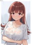  1girl blush brown_eyes brown_hair curtains dated highres indoors kantai_collection long_hair looking_at_viewer ooi_(kancolle) shiromaru_(maniado) shirt short_sleeves smile twitter_username upper_body wet wet_clothes wet_shirt 