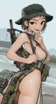  1girl absurdres ass assault_rifle belt_pouch black_hair boonie_hat breasts brown_eyes camouflage camouflage_skirt commentary_request daewoo_k1 gun highres looking_back medium_breasts mole mole_on_ass mole_on_breast multiple_moles no_bra no_panties original pelvic_curtain pouch raised_eyebrow republic_of_korea_army rifle rifleman1130 sideboob skindentation skirt sleeveless soldier solo teeth thick_eyebrows thigh_strap upper_teeth_only water weapon weapon_on_back wet 