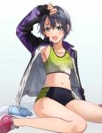  1girl absurdres armpits black_eyes blush breasts grey_eyes highres idolmaster idolmaster_cinderella_girls idolmaster_cinderella_girls_starlight_stage looking_at_viewer navel open_mouth otokura_yuuki shoes short_hair small_breasts smile sneakers solo sports_bikini sweat track_and_field track_uniform yano_sou 