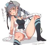  1girl absurdres aqua_headwear black_one-piece_swimsuit black_ribbon breasts garrison_cap gloves grey_hair hair_ornament hair_ribbon hat highleg highleg_swimsuit highres kantai_collection long_hair one-piece_swimsuit ribbon scamp_(kancolle) shiawase_hougan shorts side_ponytail solo star_(symbol) star_hair_ornament swimsuit white_gloves white_shorts 