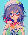  1girl blue_eyes blue_hair braised_cutlass casual closed_mouth fu_hua fu_hua_(night_squire) fu_hua_(spring_traveler) glasses green_shirt grey_hair hair_between_eyes hat heart heart_hands highres honkai_(series) honkai_impact_3rd light_blue_background long_hair looking_at_viewer low-tied_long_hair low_ponytail object_on_head off-shoulder_shirt off_shoulder official_alternate_costume ponytail shirt solo sweat upper_body white_headwear 