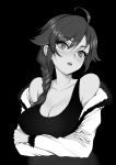  1girl ahoge artist_name braid braided_ponytail brassica breasts cleavage collarbone commission crossed_arms eyelashes fur-trimmed_jacket fur_trim greyscale hair_between_eyes jacket long_hair monochrome off_shoulder original parted_lips solo tank_top upper_body 