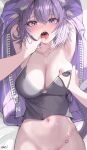  1girl absurdres black_camisole blush breasts camisole english_commentary groping highres hololive huge_breasts jacket kkato looking_at_viewer lying navel nekomata_okayu nekomata_okayu_(7th_costume) official_alternate_costume on_back open_clothes open_jacket open_mouth purple_eyes purple_hair purple_jacket stomach strap_slip virtual_youtuber 