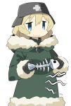  1girl black_gloves black_headwear blonde_hair blue_eyes bonbas24 bone closed_mouth coat fish_bone fur-trimmed_coat fur-trimmed_sleeves fur_trim gloves green_coat hat holding holding_bone long_sleeves looking_at_viewer medium_hair military_hat o-ring shoujo_shuumatsu_ryokou simple_background solo stomach_growling white_background yuuri_(shoujo_shuumatsu_ryokou) 