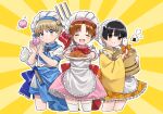  3boys :t aged_down ahoge alternate_costume animal-themed_food apron ascot axis_powers_hetalia black_hair blonde_hair blue_apron blue_ascot blue_eyes blue_neckerchief blush bow bowtie brown_eyes chef_hat chibitalia_(hetalia) child closed_eyes cream cropped_legs cross crossdressing dress eating enmaided facing_viewer floating food food-themed_hair_ornament food_on_face fork frilled_apron frilled_dress frills germany_(hetalia) hair_ornament hands_up hat head_scarf headdress heart heart_ahoge highres holding holding_plate holy_roman_empire_(hetalia) incoming_food iron_cross japan_(hetalia) japanese_clothes kimono light_brown_hair long_sleeves maid male_focus multiple_boys neckerchief northern_italy_(hetalia) ohitsu onigiri onigiri_hair_ornament orange_bow orange_skirt outstretched_arms oversized_object pasta pig pink_dress plate potato potato_hair_ornament puffy_short_sleeves puffy_sleeves red_bow red_bowtie rice rice_on_face save_1075 shamoji short_sleeves sidelocks skirt steam sunburst sunburst_background thighhighs tomato tomato_hair_ornament wa_maid waist_apron whisk white_dress white_headwear white_thighhighs wide_sleeves yellow_background yellow_kimono zettai_ryouiki 