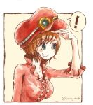  ! 1girl blue_eyes blush_stickers commentary_request frilled_shirt frills goggles goggles_on_headwear hat highres koala_(one_piece) one_piece pink_shirt shirt short_hair simple_background smile solo torapunch twitter_username upper_body 