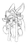 anthro black_and_white blush claws clothing female fur hair hat headgear headwear kitsune_youkai lagomorph leporid low_res made_in_abyss mammal monochrome nanachi open_mouth rabbit simple_background solo white_background