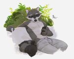  1boy 9klipse abs animal_ears dated echo_(visual_novel) echo_project english_commentary furry furry_male grey_pants highres holding holding_phone kudzu_(echo) looking_at_phone male_focus muscular pants pectorals phone plant raccoon_boy raccoon_ears raccoon_tail signature tail toned toned_male white_background 