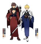 2boys alternate_costume black_gloves black_nails blonde_hair blue_kimono brown_hair ebi_pri_shrimp father-in-law_and_son-in-law fingerless_gloves full_body gloves guilty_gear guilty_gear_strive hair_between_eyes headband holding holding_sword holding_weapon japanese_clothes kimono ky_kiske long_hair long_sleeves looking_at_another male_focus multiple_boys muscular muscular_male obi pectorals red_eyes red_kimono sash short_hair smile sol_badguy spiked_hair standing sword thunderseal weapon wide_sleeves 