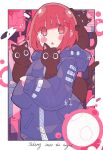  1girl absurdres animal black_cat blush_stickers border cat commentary_request haru57928031 highres holding holding_animal hood hood_down hoodie long_sleeves looking_at_viewer medium_hair original parted_lips purple_hoodie red_eyes red_hair solo upper_body white_border 