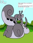 antennae_(anatomy) belly big_belly big_breasts big_butt big_tail black_eyes breasts butt digital_drawing_(artwork) digital_media_(artwork) english_text female feral flat_colors generation_6_pokemon god-ale goodra grey_body grey_skin hi_res kitamanchas looking_at_viewer lying lying_on_ground nintendo nipples on_front pixel_(artwork) pokemon pokemon_(species) purple_nipples rear_view simple_background solo tail text thick_thighs