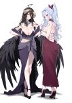 2girls absurdres ahoge albedo_(overlord) backless_dress backless_outfit black_hair black_wings blush breasts cleavage crossover cuffs demon_horns dress feathered_wings full_body furrowed_brow grey_hair hands_on_own_hips hara_yumi high_heels highres horns idolmaster idolmaster_(classic) idolmaster_million_live! large_breasts looking_at_viewer midnamana multiple_girls navel overlord_(maruyama) purple_skirt red_dress shackles shijou_takane sideless_dress simple_background skirt smile stomach voice_actor_connection white_background wings 