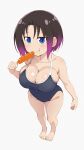  1girl absurdres barefoot black_hair black_one-piece_swimsuit blue_eyes breasts cleavage collarbone competition_school_swimsuit eating elma_(maidragon) from_above gradient_hair highres hot_dog kobayashi-san_chi_no_maidragon kurage_kun_nano large_breasts multicolored_hair one-piece_swimsuit purple_hair school_swimsuit simple_background slit_pupils solo swimsuit white_background 