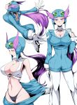  1girl blue_bodysuit bodysuit breasts clothes_pull collarbone goggles goggles_on_head highres large_breasts long_sleeves multiple_views pilot_helmet pilot_suit pokemon pokemon_oras ponytail purple_eyes purple_hair shimure_(460) solo unitard winona_(pokemon) 