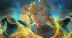  1boy blonde_hair blue_eyes champion&#039;s_tunic_(zelda) commentary_request floating_hair floating_island highres link looking_at_viewer male_focus medium_hair ocean open_mouth outdoors pointy_ears signature sky the_legend_of_zelda the_legend_of_zelda:_tears_of_the_kingdom tsujieiri upper_body wind 