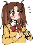  blush bow bowtie brown_eyes brown_hair cardigan dailyyumiduka flying_sweatdrops index_fingers_together red_bow red_bowtie smile tsukihime tsukihime_(remake) twintails yellow_cardigan yumizuka_satsuki 