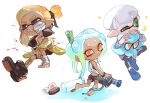  1girl 2boys bandaged_foot bandages bandaid bandaid_on_face barefoot bike_shorts black_hair blonde_hair blood blue_footwear closed_mouth crescent dark-skinned_female dark_skin full_body gradient_hair green_eyes green_hair gun headphones ink_tank_(splatoon) inkling_boy inkling_player_character l-3_nozzlenose_(splatoon) long_hair looking_back medium_hair multicolored_hair multiple_boys octoling_girl octoling_player_character octopus orange_eyes paint pointy_ears purple_eyes shirt shoes short_hair simple_background sitting spl8ya splatoon_(series) star_(symbol) tentacle_hair thick_eyebrows two-tone_hair weapon white_background white_hair white_shirt 