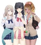  3girls ;d bag black_hair blush bow bowtie bracelet breasts brown_hair candy cardigan cardigan_around_waist clothes_around_waist dark-skinned_female dark_skin fingernails food grey_hair grin gyaru highres holding holding_candy holding_food holding_lollipop idolmaster idolmaster_shiny_colors izumi_mei jewelry kogal lollipop looking_at_viewer mayuzumi_fuyuko multiple_girls nail_polish one_eye_closed open_collar plaid plaid_bow plaid_bowtie plaid_skirt pleated_skirt school_bag shirt simple_background skirt smile straylight_(idolmaster) striped_bow striped_bowtie striped_clothes v white_background white_shirt yxxxllpo 