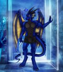 black_body black_horn black_scales blue_body blue_scales bulge clothing dragon dripping hi_res horn houseplant male membrane_(anatomy) nachtschauer relaxing scales selianth shower solo towel underwear wet yellow_eyes yellow_membrane