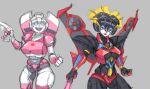  2girls absurdres arcee armor blue_eyes breasts energy_sword grey_background gun handgun helmet highres humanoid_robot mechanical_wings medium_breasts multiple_girls panties pink_panties ratf red_lips red_panties robot robot_girl shoulder_armor sword transformers underwear weapon windblade wings 