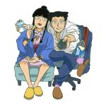  1boy 1girl ace_attorney black_hair blue_jacket blue_pants blunt_bangs can chair collared_shirt commentary controller crossed_legs drink_can english_commentary food full_body holding holding_can holding_remote_control jacket japanese_clothes jewelry kimono long_hair looking_at_viewer magatama magatama_necklace maya_fey mob_psycho_100 necklace office_chair one_(style) open_mouth pants phoenix_wright pink_kimono popcorn remote_control shirt short_hair simple_background sitting soda_can souppunch swivel_chair white_background white_shirt 