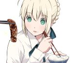  1girl artoria_pendragon_(all) bishoujo_senshi_sailor_moon blonde_hair blue_neckwear blue_ribbon bowl braid chopsticks commentary_request drooling eyebrows_visible_through_hair fate/stay_night fate_(series) food food_on_face french_braid green_eyes hair_ribbon holding holding_bowl long_sleeves meat parody ribbon rice rice_on_face saber sailor_moon_redraw_challenge shirt short_hair simple_background solo tsukumo upper_body white_background white_shirt 