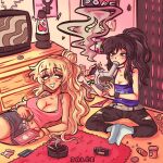 2girls blonde_hair bong breasts brown_hair cigarette class_of_09 cleavage drugs half_updo highres jecka_(class_of_09) joboqs lava_lamp long_hair medicine_bottle multiple_girls navel_piercing nicole_(class_of_09) piercing pill television 