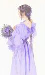  1girl black_hair bouquet bow closed_mouth dress dress_bow earrings flower flower_necklace hands_up holding holding_bouquet ibuki_satsuki jewelry lilac long_hair nape original ponytail profile purple_bow purple_dress purple_flower purple_ribbon ribbon single_sidelock solo standing 
