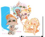  1girl 2boys arrow_(symbol) blonde_hair blue_hair closed_mouth dark-skinned_female dark_skin gradient_hair green_eyes green_hair inkling_boy inkling_player_character medium_hair multicolored_hair multiple_boys multiple_views octoling_girl octoling_player_character open_mouth orange_eyes pointy_ears purple_eyes shirt short_hair shorts simple_background smile spl8ya splatoon_(series) teeth tentacle_hair thick_eyebrows two-tone_hair v white_background white_hair white_shirt 