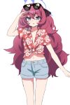 1girl absurdres blue_archive blue_shorts blush collarbone eyewear_on_head feet_out_of_frame grey_eyes hair_between_eyes halo hawaiian_shirt highres iroha_(blue_archive) long_hair navel open_mouth purple_halo red_hair red_shirt saibashi_(develop_komono) shirt short_sleeves shorts simple_background solo sunglasses white_background 
