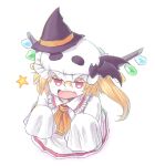  1girl alternate_costume aokukou ascot bat_ornament blonde_hair commentary_request crystal fang flandre_scarlet ghost_costume halloween_costume hat hat_ornament light_blush long_hair looking_at_viewer mob_cap multicolored_wings open_mouth red_eyes simple_background skin_fang sleeves_past_fingers sleeves_past_wrists solo star_(symbol) touhou white_background white_headwear wings witch_hat yellow_ascot 