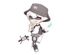  .52_gal_(splatoon) 1boy crossed_legs full_body grey_headwear gun hat ink_tank_(splatoon) inkling_boy inkling_player_character pointy_ears sharp_teeth short_hair simple_background smile solo spl8ya splatoon_(series) standing teeth tentacle_hair weapon white_background white_hair 