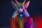 2019 anthro blood blue_clothing blue_topwear bodily_fluids bovid bust_portrait caprine cheek_tuft clothed clothing dated dragon eyes_closed facial_hair facial_tuft famir_(artist) famir_(character) front_view fur furred_dragon goat goatee gore green_hair grin hair horn hybrid male mammal nosebleed portrait red_clothing red_topwear short_hair signature simple_background smile solo topwear tuft white_body white_fur yellow_clothing yellow_horn yellow_topwear