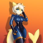 1:1 anthro blonde_hair breasts clothed clothing cosplay digital_media_(artwork) dutchsyndicalist female fempyro fish gloves hair hand_behind_head hand_on_hip handwear hi_res latex latex_clothing looking_at_viewer marine non-mammal_breasts pyro_(team_fortress_2) shark simple_background smile solo tail team_fortress_2 thick_thighs valve